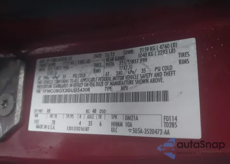 2013 Ford Escape Se z USA, uszkodzony, nr VIN 1FMCU9GX2DUB54308